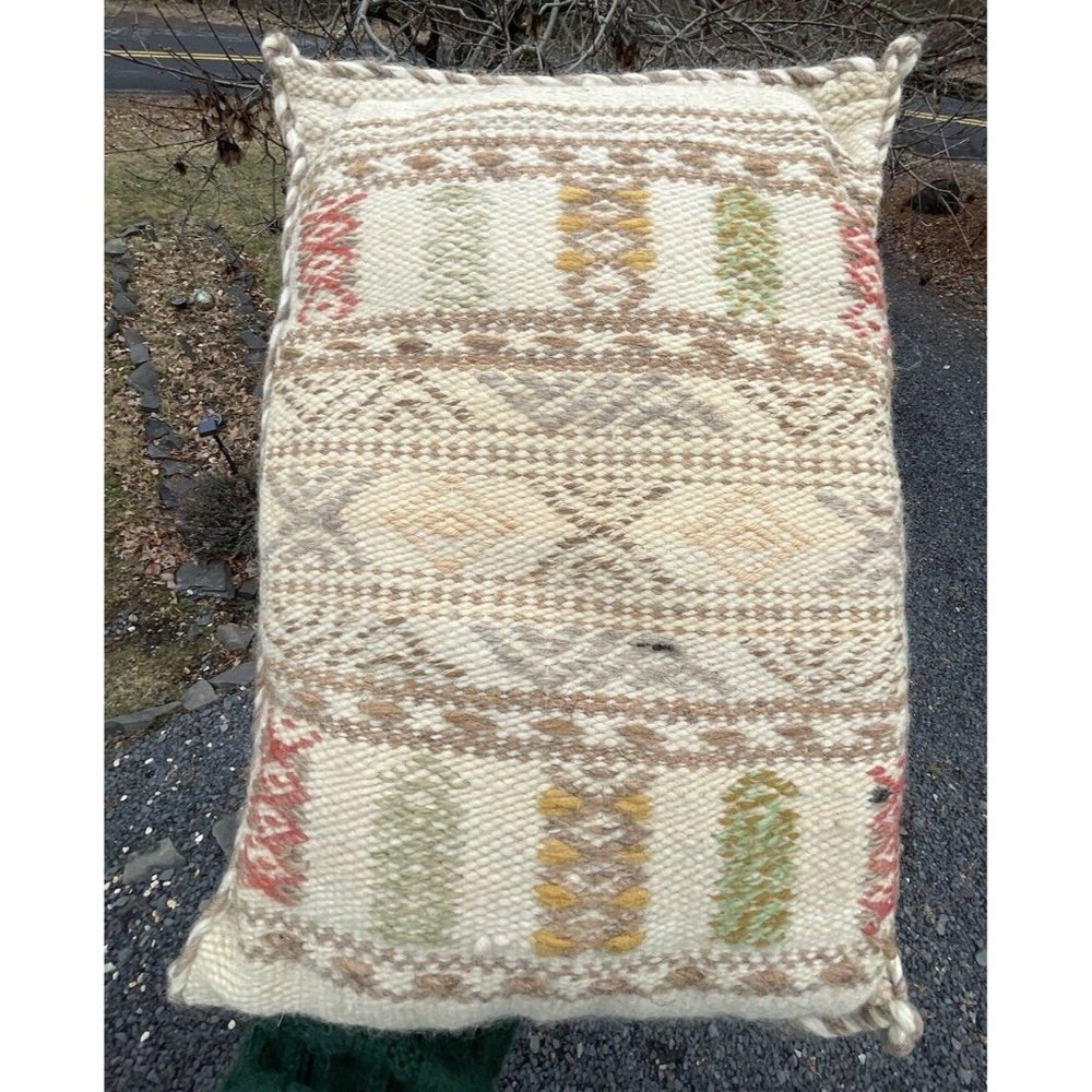 Vintage Wool Embroidered Pillow Southwestern Folk Art Accent Decor Scandi Boho